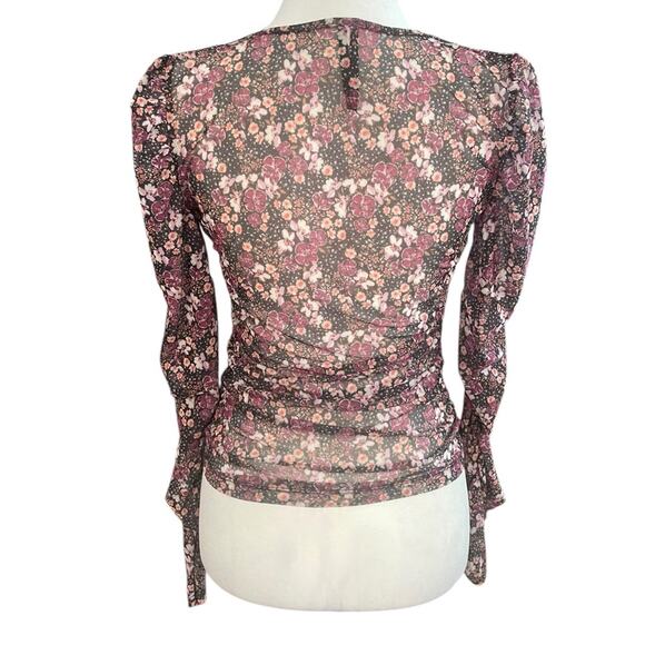 Anthropologie Sheer Mesh Purple Floral Dainty Ditzy Print Ruched Blouse- Xs - Picture 3 of 11